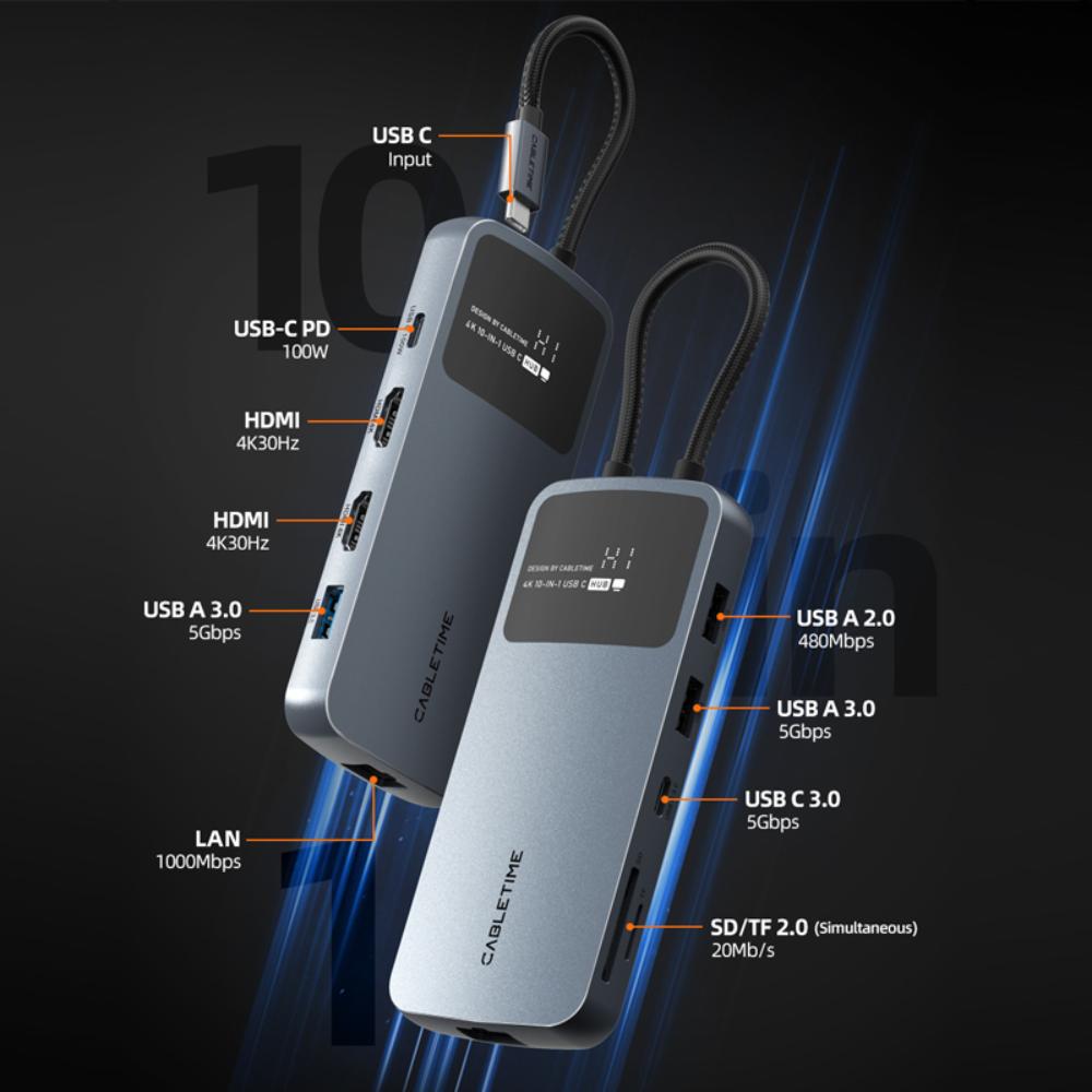 CABLETIME CB83G | 10-in-1 USB-C Dual HDMI Docking Station | 4K 30Hz HDMI, 1000Mbps LAN, 100W PD | MacBook, Dell, HP, Lenovo, Surface