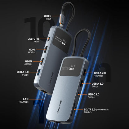 CABLETIME CB83G | 10-in-1 USB-C Dual HDMI Docking Station | 4K 30Hz HDMI, 1000Mbps LAN, 100W PD | MacBook, Dell, HP, Lenovo, Surface