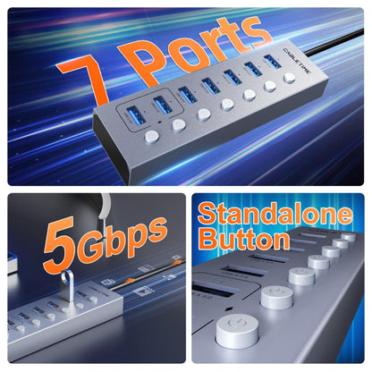 CABLETIME CB47G 7-Port Powered USB 3.0 Hub | 5Gbps High-Speed Data Hub | Individual Switches & LED Indicators | Long Cable | For Laptops & PCs