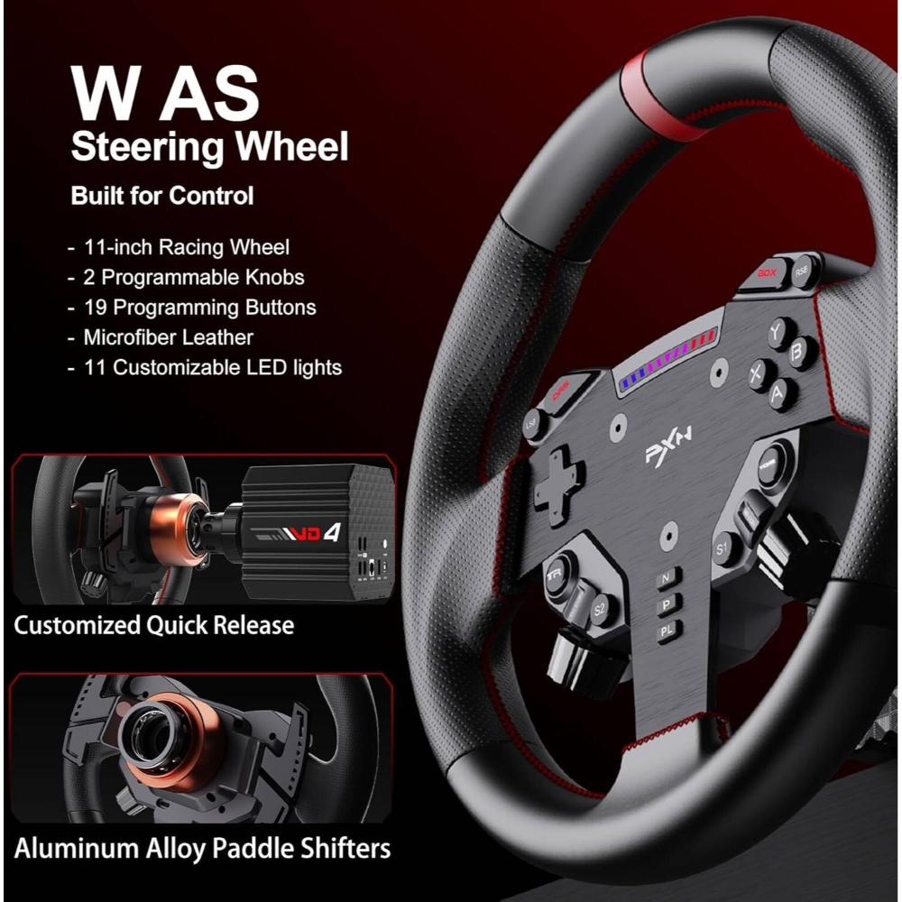 PXN VD4 Bundle Direct Drive Racing Wheel | 4Nm Force Feedback | 11" W AS Wheel | Hall-Effect Pedals | PC Racing Simulator