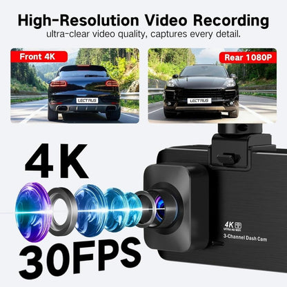 K02 Pro WiFi 4K Ultra HD 3-Channel Dash Cam | Front, Rear & Inside | 5G WiFi | GPS Compatibility | 3" IPS Display | G-Sensor | Parking Mode