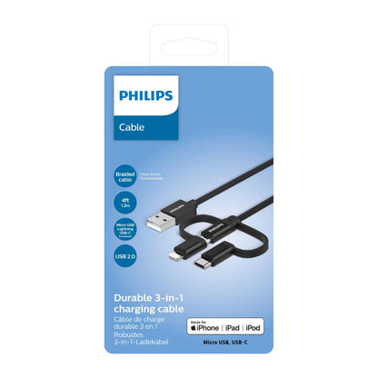 Philips Durable 3-in-1 Chargeable Cable | Braided, 4FT (1.2m), Lightning / USB-C / Micro USB, USB 2.0
