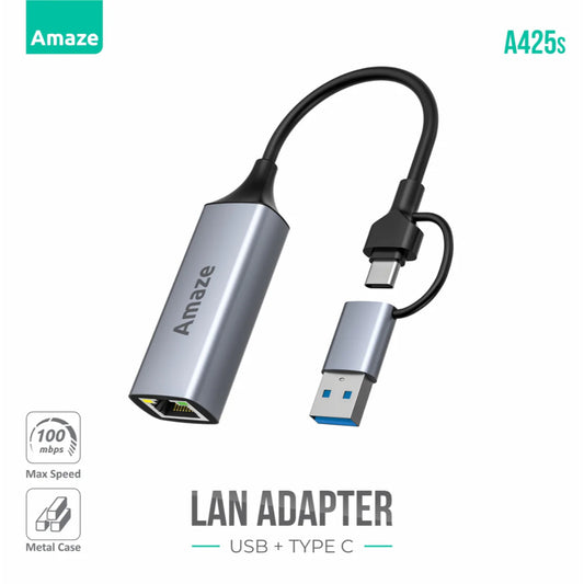 Amaze A425s | LAN Adapter USB + Type-C | 1000 Mbps, Dual-Port, Aluminum Alloy Build