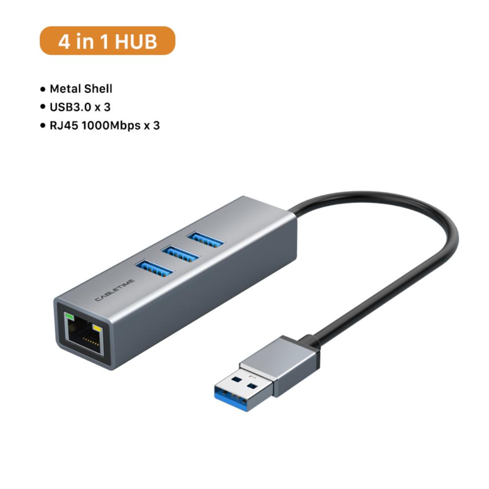CABLETIME CB55G USB 3.0 3-Port Hub with Gigabit Ethernet Adapter | 5Gbps Data Transfer | RJ45 1000Mbps | For Laptops, PCs & Nintendo Switch