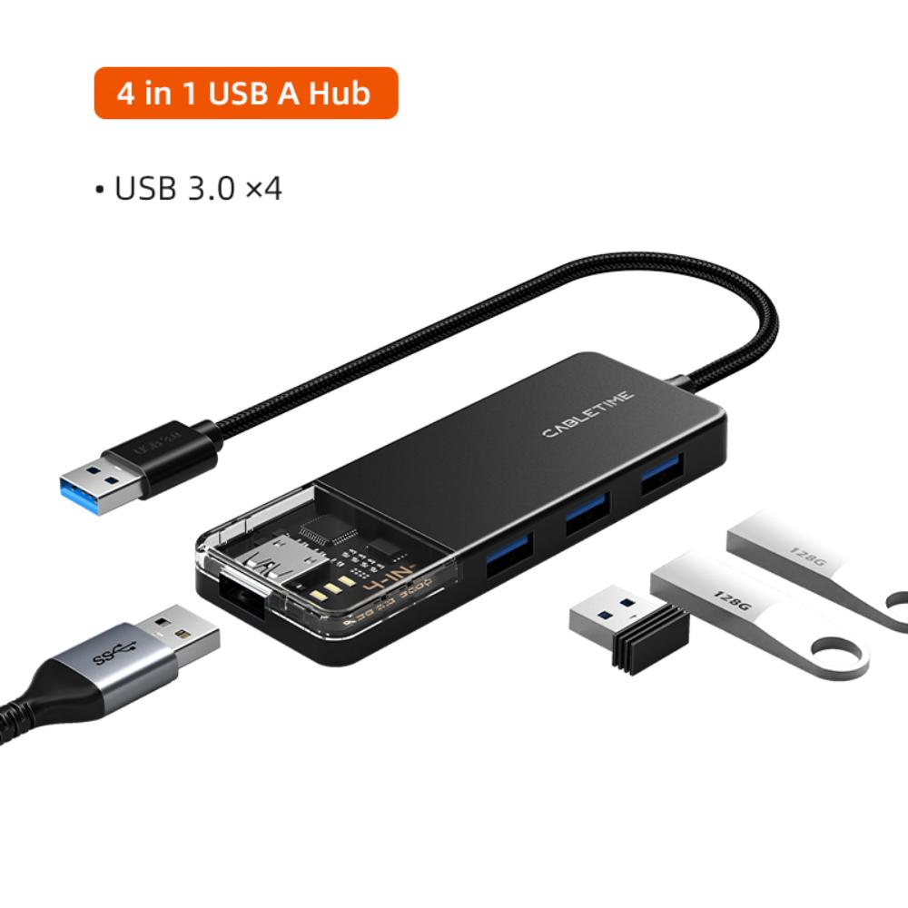CABLETIME CB01B | 4-Port USB-A 3.0 Hub (5Gbps, 5V Power Supply, Transparent Design)