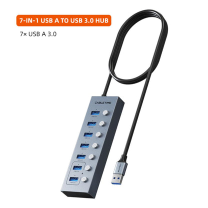 CABLETIME CB47G 7-Port Powered USB 3.0 Hub | 5Gbps High-Speed Data Hub | Individual Switches & LED Indicators | Long Cable | For Laptops & PCs