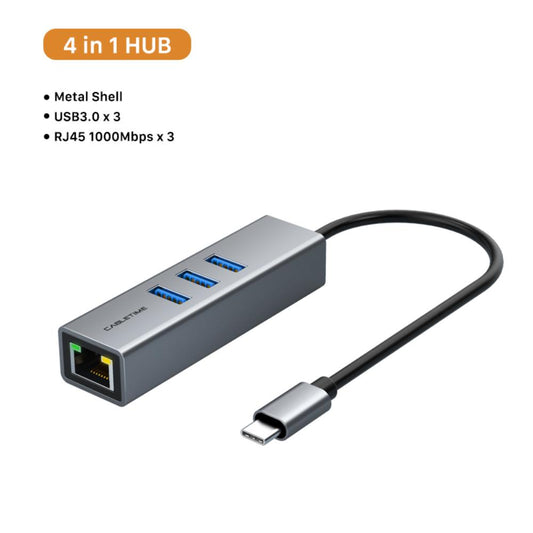 CABLETIME CB54G | USB-C 3-Port Hub with Gigabit LAN | 3× USB-A 3.0 5Gbps | 1000Mbps Ethernet | Aluminum Shell | Plug & Play