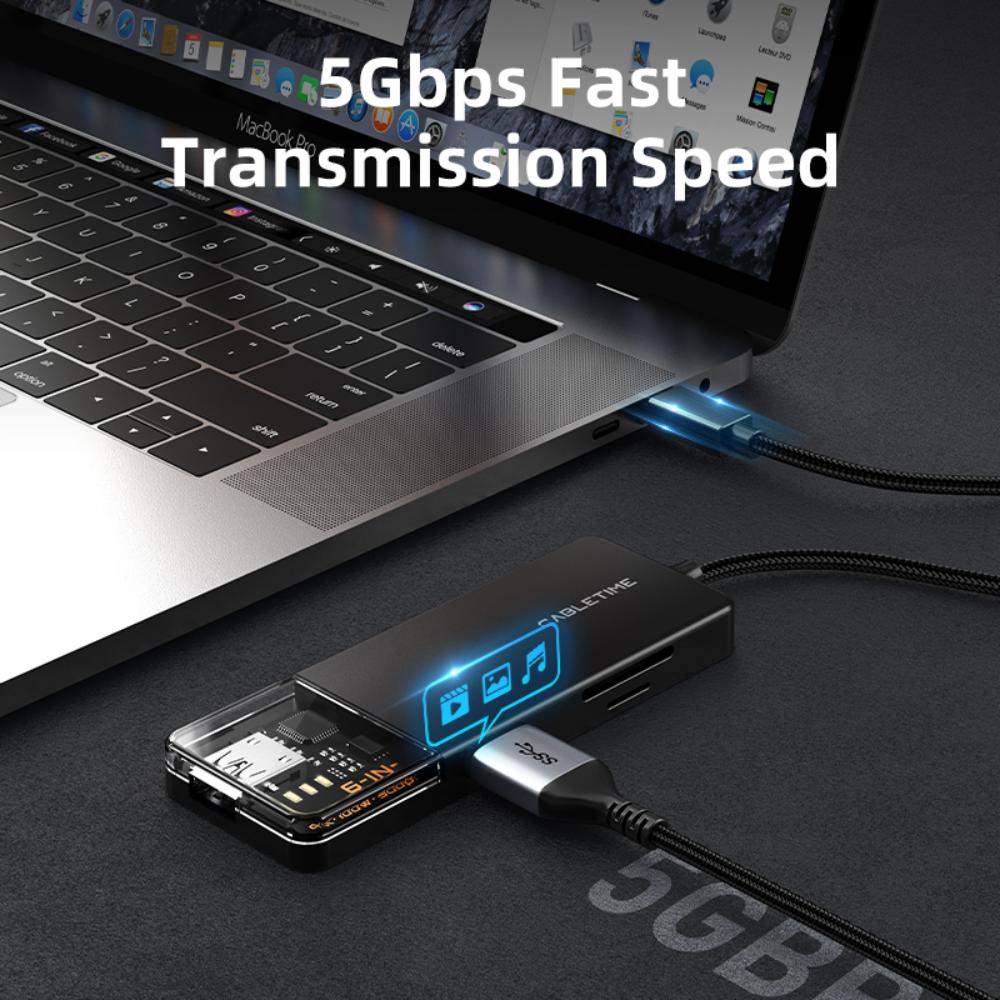 CABLETIME CB04B | 6-in-1 USB-C Multiport Hub (4K HDMI, 100W PD, 5Gbps USB 3.0, SD/TF) | 0.2m Transparent Design
