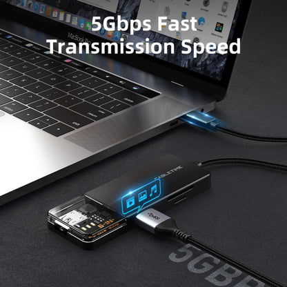 CABLETIME CB04B | 6-in-1 USB-C Multiport Hub (4K HDMI, 100W PD, 5Gbps USB 3.0, SD/TF) | 0.2m Transparent Design