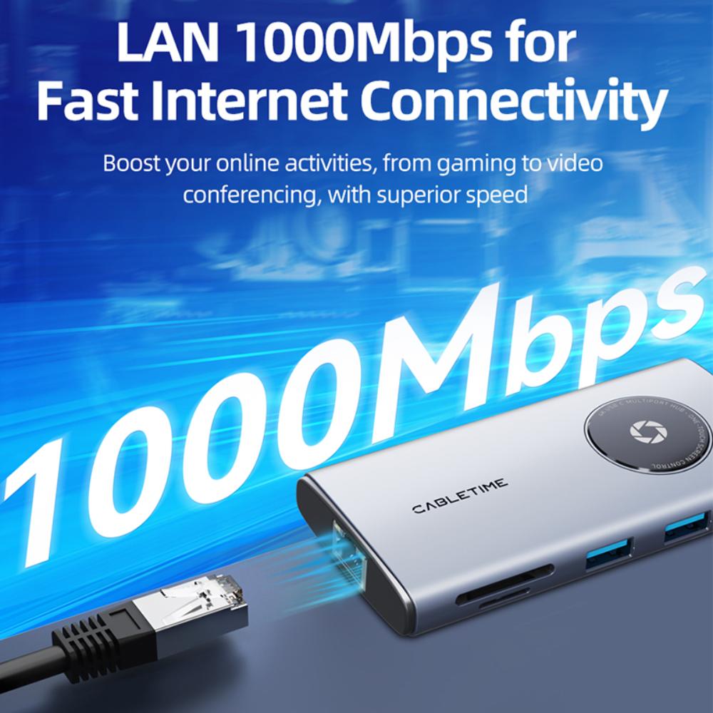 CABLETIME CB92G | 8-in-1 USB-C Adapter Hub | 4K HDMI | Gigabit LAN 1000Mbps | USB-A 3.0 5Gbps | USB-C PD 100W | SD/TF Reader | For MacBook, Laptops & Tablets