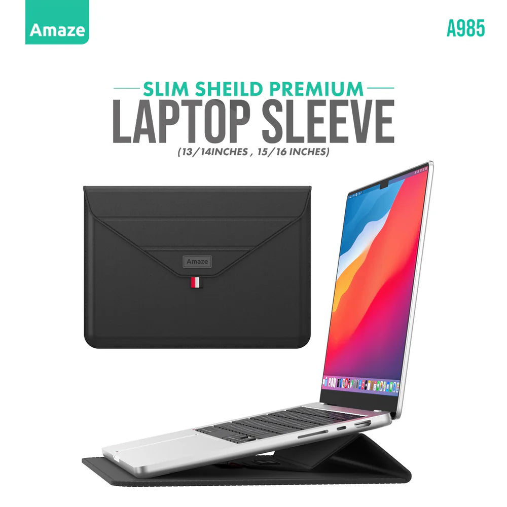 Amaze A985 Slim Shield Convertible Laptop Sleeve | For 15–16" MacBook & Laptops | Premium Fabric | Foldable Stand Function | Shock Absorption | Water-Resistant | 4 Colors