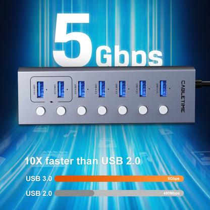 CABLETIME CB47G 7-Port Powered USB 3.0 Hub | 5Gbps High-Speed Data Hub | Individual Switches & LED Indicators | Long Cable | For Laptops & PCs