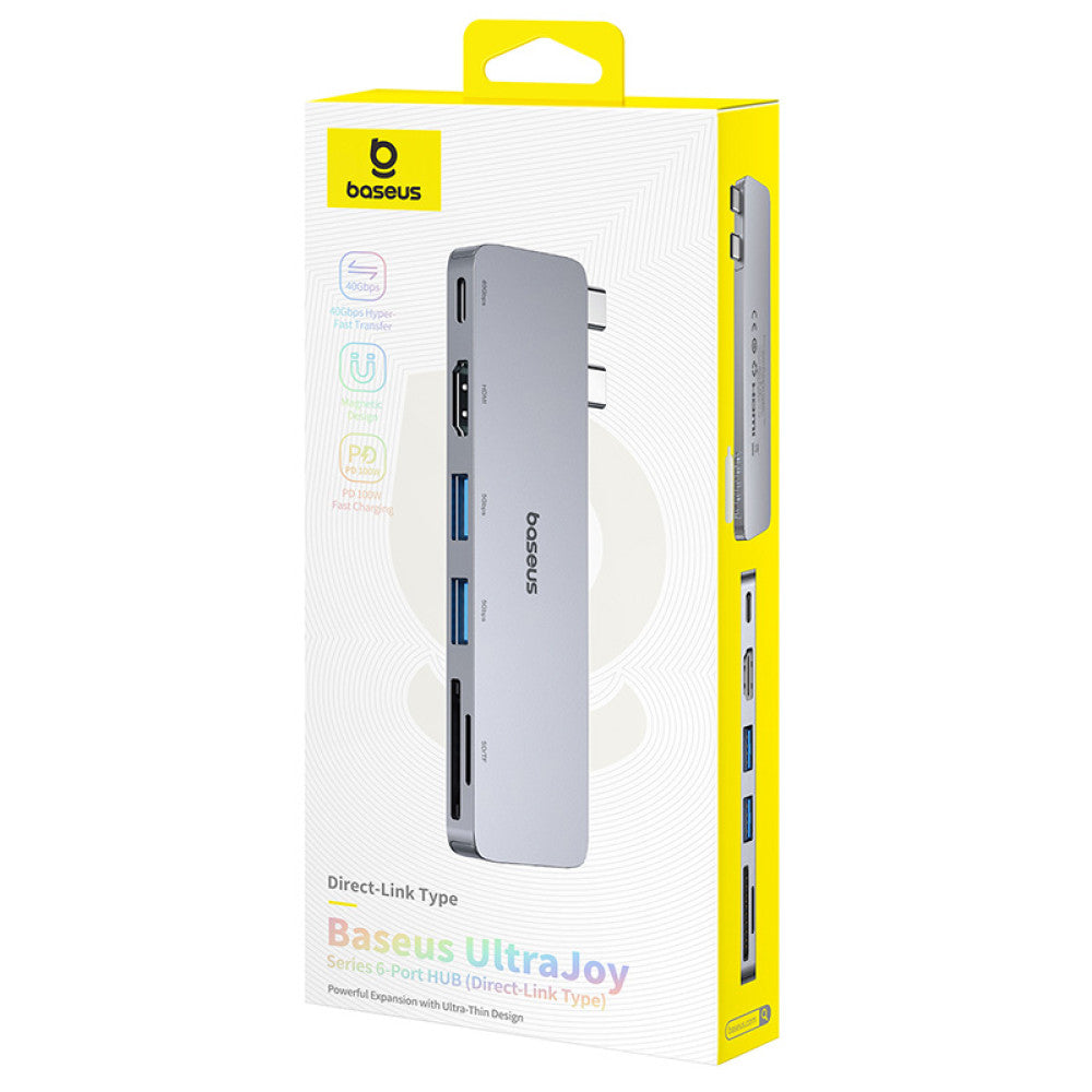 Baseus Ultrajoy Series | 6-Port USB-C Hub | Direct Link Type | 100W PD Input | 4K HDMI | USB-C + 2 × USB-A | SD/TF Card Readers | Aluminum Alloy | Space Gray | For Laptops, Tablets, USB-C Devices