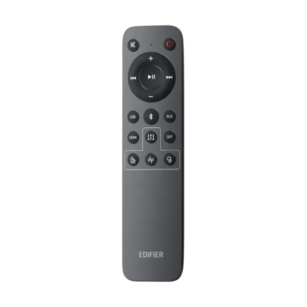 Black remote control with Edifier branding on a white background