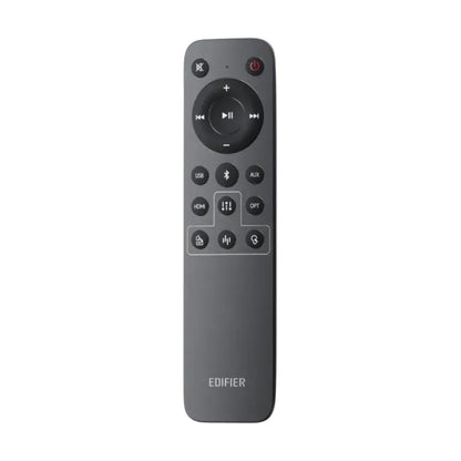 Black remote control with Edifier branding on a white background