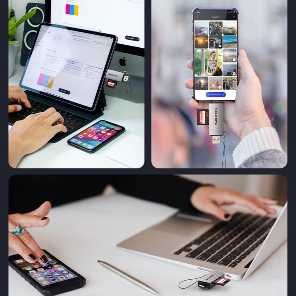 CABLETIME CD40G USB-C & USB-A SD/TF Card Reader | Dual Interface | 104MB/s High-Speed Data Transfer | Aluminum Alloy Shell