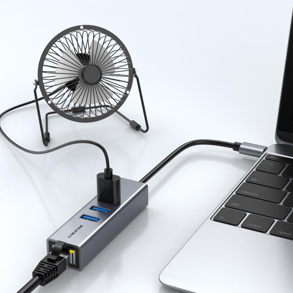 CABLETIME CB54G | USB-C 3-Port Hub with Gigabit LAN | 3× USB-A 3.0 5Gbps | 1000Mbps Ethernet | Aluminum Shell | Plug & Play