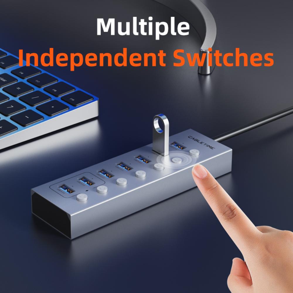 CABLETIME CB47G 7-Port Powered USB 3.0 Hub | 5Gbps High-Speed Data Hub | Individual Switches & LED Indicators | Long Cable | For Laptops & PCs