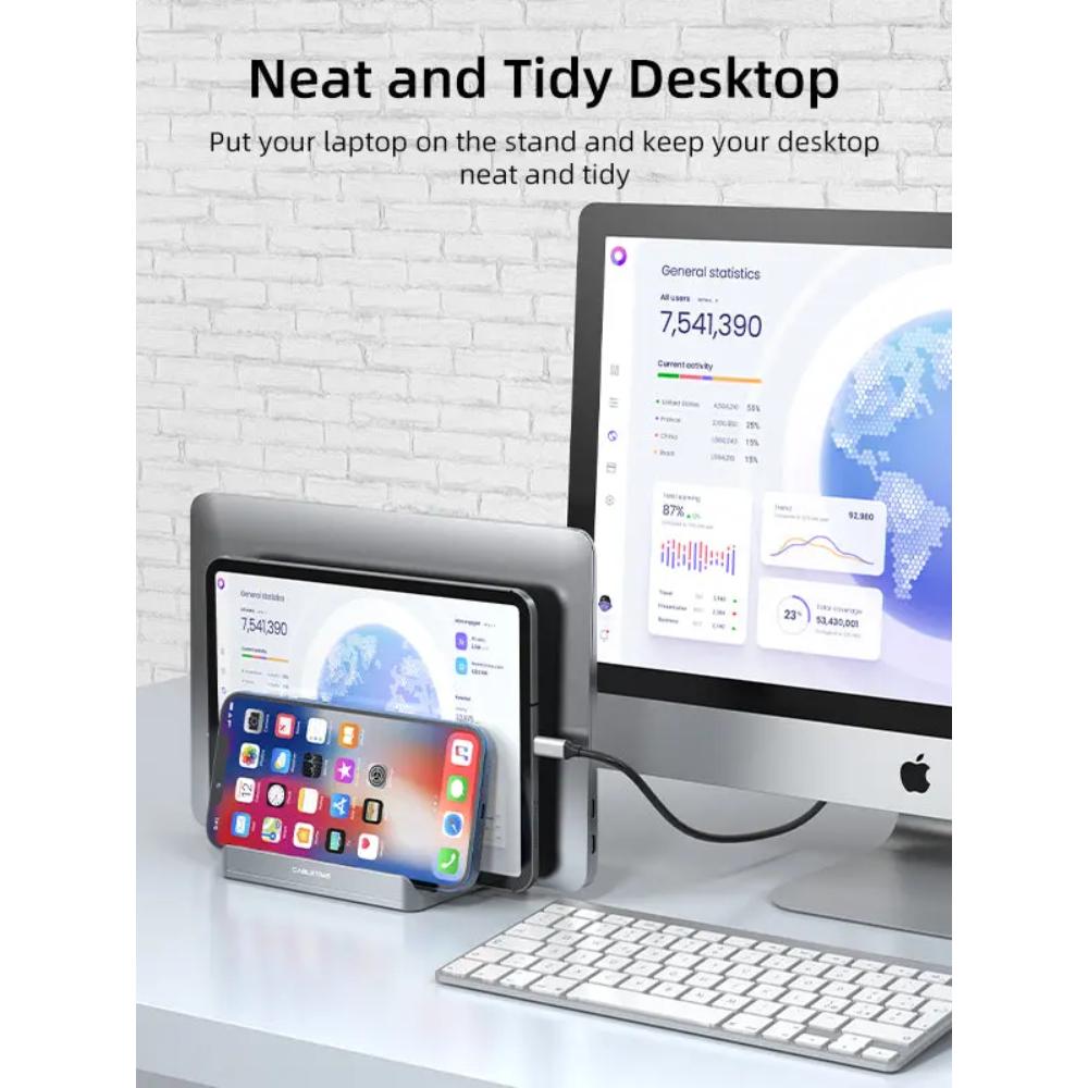 CABLETIME CS14G | Aluminum Dual Vertical Laptop Stand | Adjustable Width, Dual Device Support, Anti-Slip Silicone Base