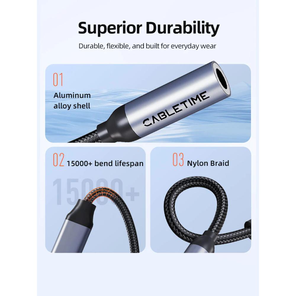 CABLETIME CPA6G USB-C to 3.5mm Audio Adapter | Hi-Fi DAC | Mic & Control Support | Durable Braided Design