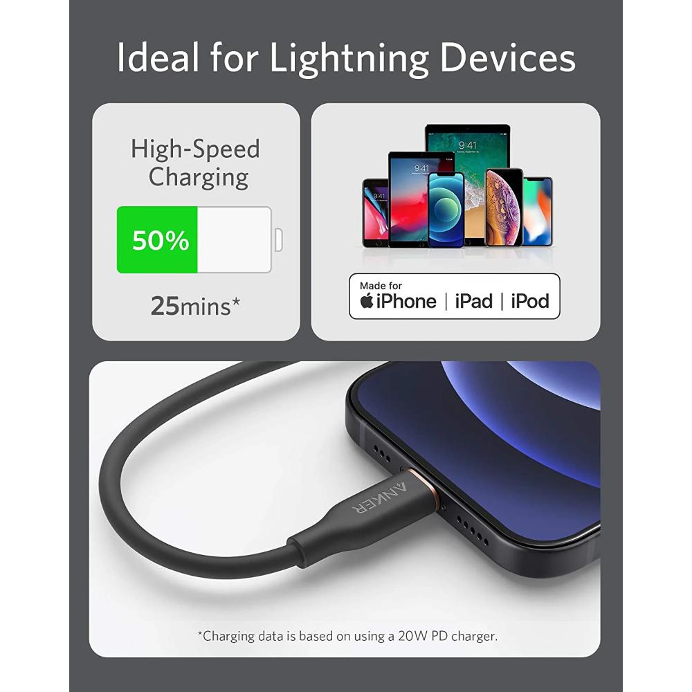 Anker 641 USB-C to Lightning Cable A8662 (Flow Silicone) | Fast Charging MFi Cable