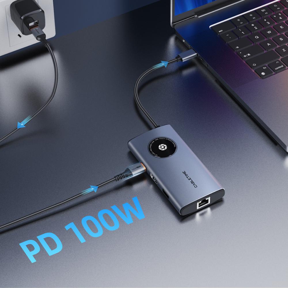 CABLETIME CB92G | 8-in-1 USB-C Adapter Hub | 4K HDMI | Gigabit LAN 1000Mbps | USB-A 3.0 5Gbps | USB-C PD 100W | SD/TF Reader | For MacBook, Laptops & Tablets