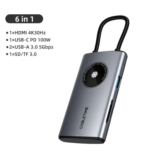 CABLETIME CB93G | 6-in-1 USB-C Multiport Travel Hub | 4K HDMI | 2× USB-A 3.0 5Gbps | SD/TF Reader 104Mbps | USB-C PD 100W | Aluminum + Braided Cable