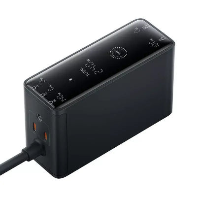 BASEUS Digital GaN | Intelligent Desktop Fast Charger 240W (3×USB‑C + 1×USB‑A + DC, EU Pin, Cluster Black with DC‑DC Cable)