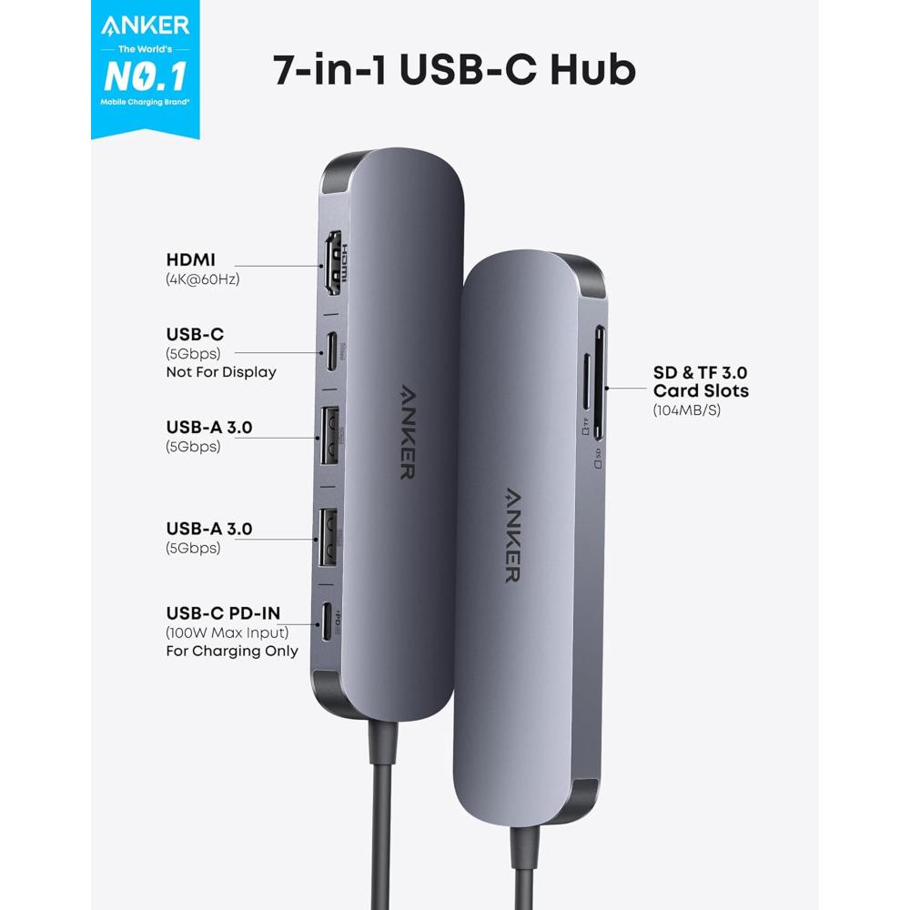 Anker USB-C Hub 7-in-1 Multi-Port Adapter A83D2 | HDMI 4K, PD Charging, USB 3.0