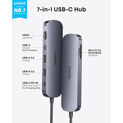 Anker USB-C Hub 7-in-1 Multi-Port Adapter A83D2 | HDMI 4K, PD Charging, USB 3.0