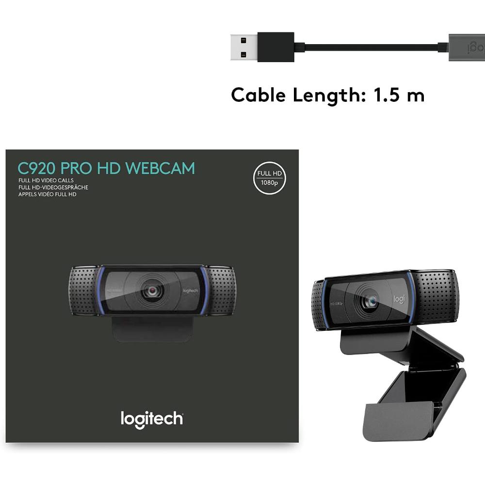 Logitech C920 HD Pro Webcam | Full HD 1080p 30fps | 3MP | Autofocus | Glass Lens | Stereo Microphones | 78° FOV | Auto Light Correction | USB-A | Tripod Ready