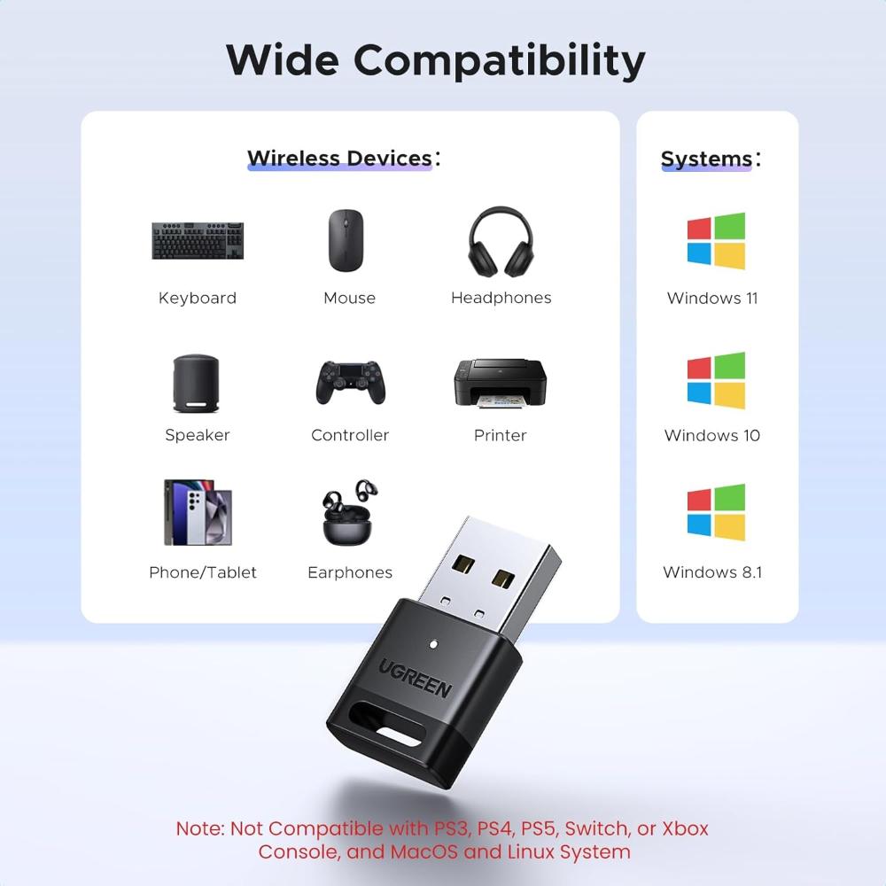 UGREEN Bluetooth 5.4 USB Adapter | USB Bluetooth 5.4 Dongle | Plug & Play | Supports Windows 11/10/8.1 | Model 45134