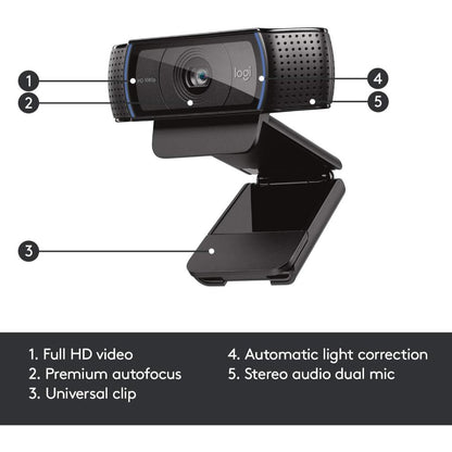 Logitech C920 HD Pro Webcam | Full HD 1080p 30fps | 3MP | Autofocus | Glass Lens | Stereo Microphones | 78° FOV | Auto Light Correction | USB-A | Tripod Ready