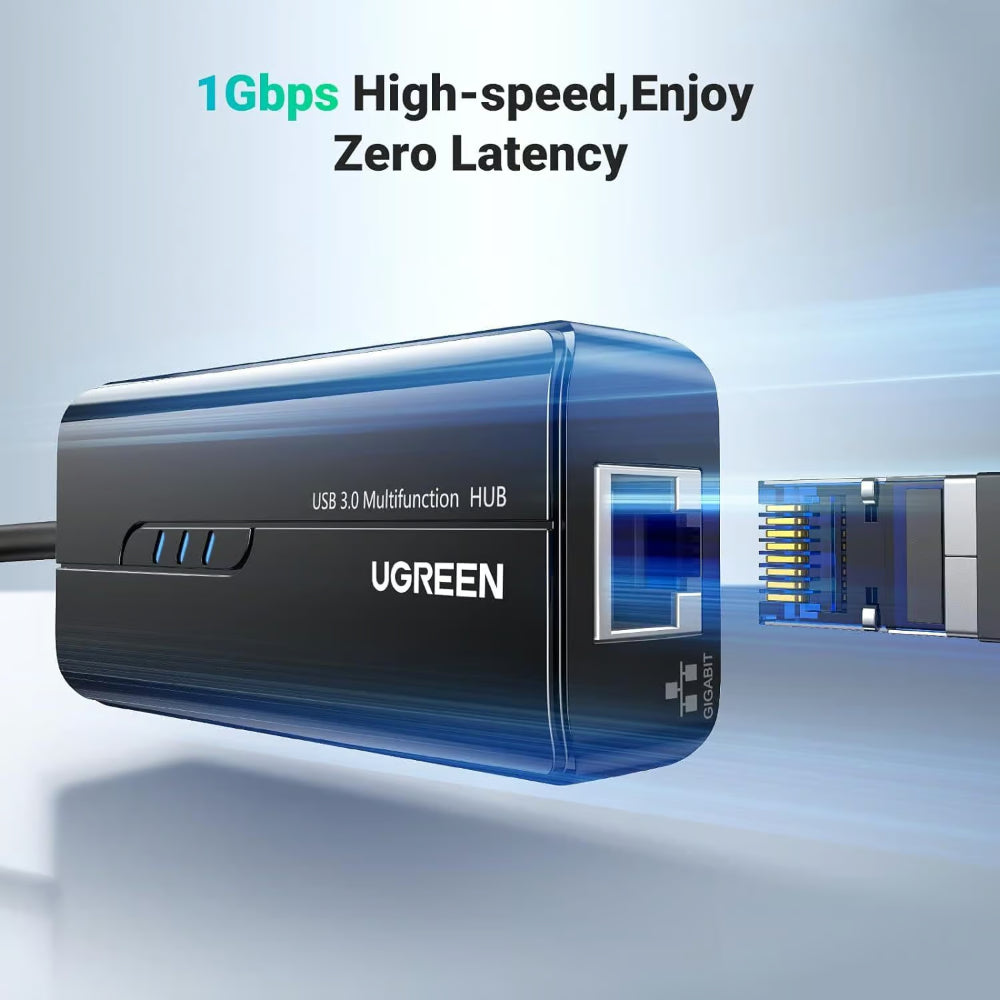 UGREEN 20265 | USB 3.0 Hub with Gigabit Ethernet | 3 × USB-A Ports + 1 × RJ45 LAN | 1000Mbps | Plug & Play | For Laptops, PCs, MacBooks, Tablets