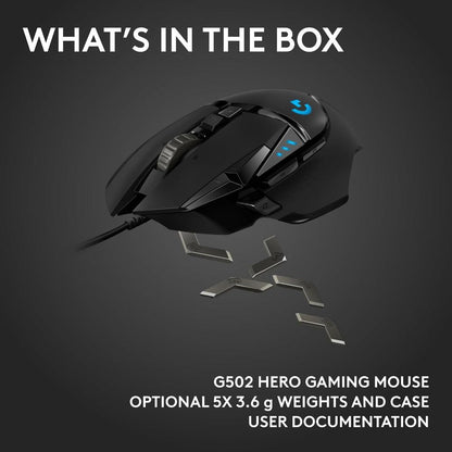 Logitech G502 HERO Wired Gaming Mouse | HERO 25K Sensor | 100–25,600 DPI | 11 Programmable Buttons | LIGHTSYNC RGB | Adjustable Weights | Hyper-Fast Scroll Wheel | USB