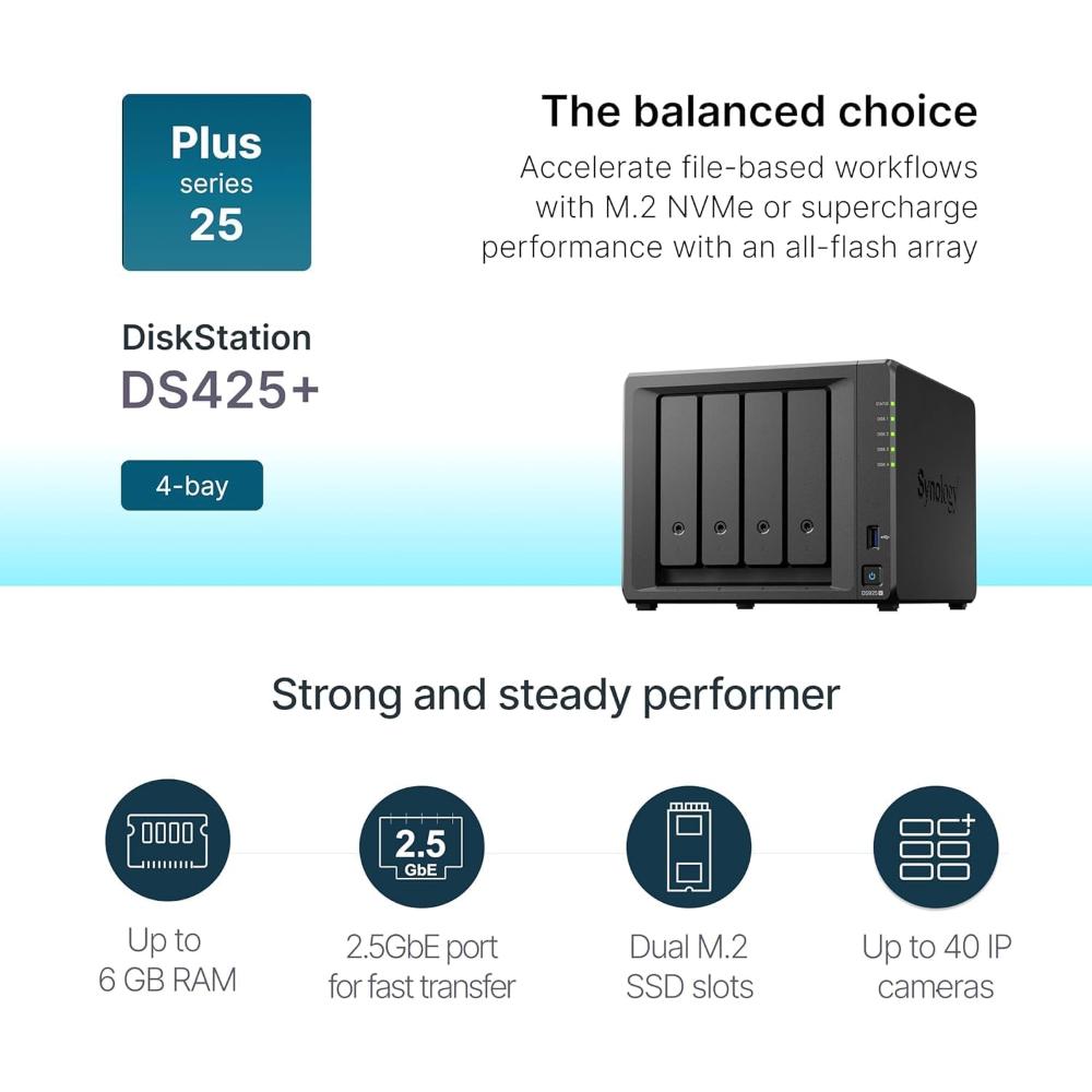 Synology DiskStation DS425+ | 4-Bay NAS Storage Solution | Intel Celeron Quad-Core | 2.5GbE | M.2 NVMe Cache Support