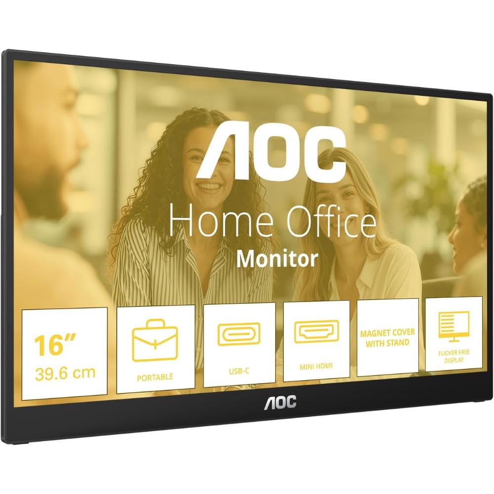 AOC 16T3FE 15.6-Inch FHD IPS Portable Monitor | 60Hz | 0.3ms Response Time | Built-in Speakers | USB Hub | HDMI | Mini HDMI