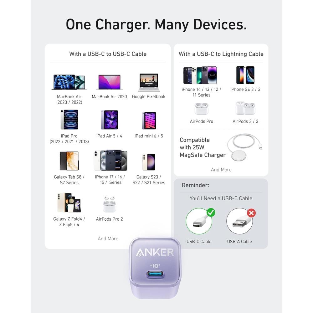 Anker 511 USB-C Charger Nano 3 A2147 | 30W GaN Fast Charging Wall Charger | Compact Design