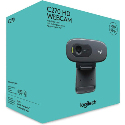 Logitech C270 HD Webcam | 720p 30fps | 0.9MP | Auto Light Correction | Noise-Reducing Mono Mic | 55° FOV | Fixed Focus