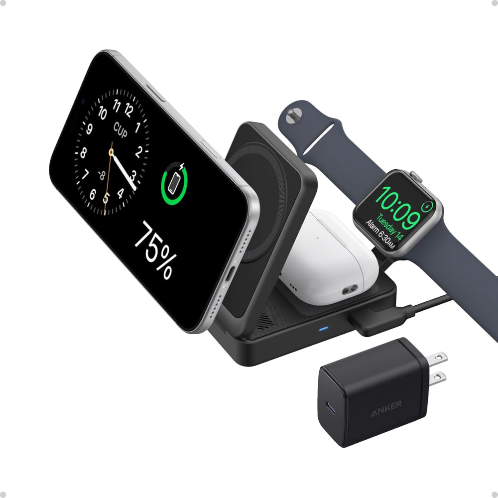 Anker MagGo Wireless Charging Station (Foldable 3-in-1) B2557 | 15W Qi2 Magnetic Wireless Charger for iPhone, Apple Watch & AirPods