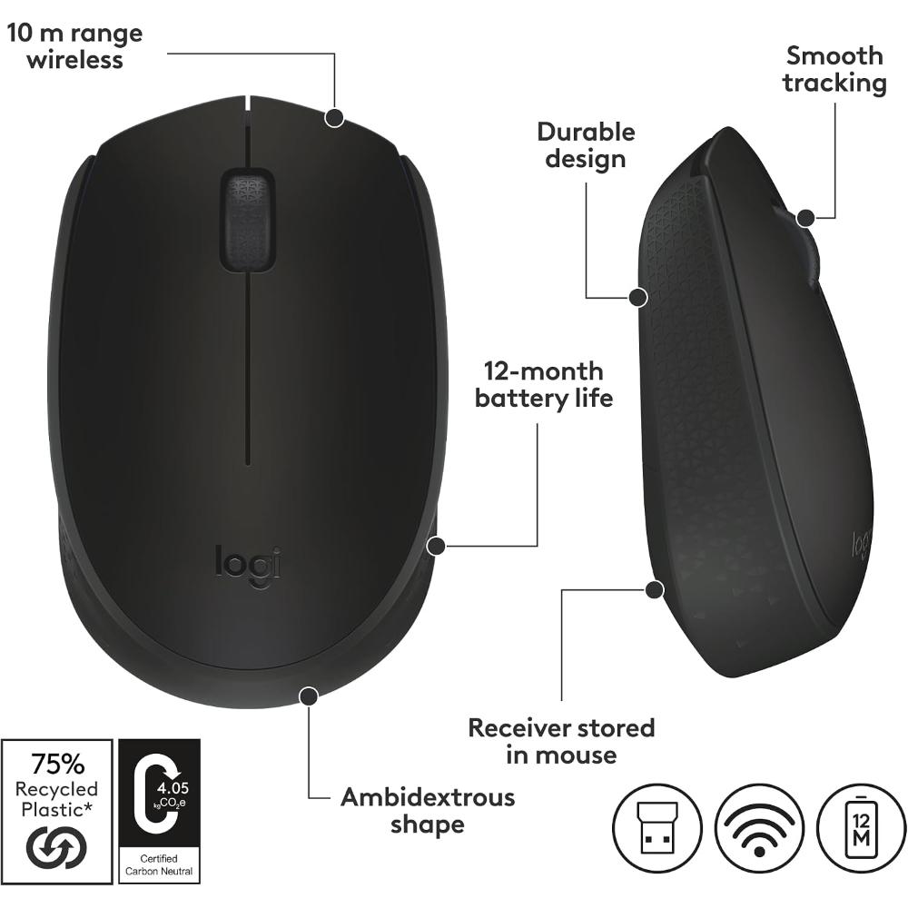 Logitech M170 Compact Wireless Mouse | 2.4GHz | 800 DPI | Ambidextrous | 12-Month Battery | USB Nano Receiver
