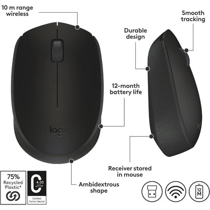 Logitech M170 Compact Wireless Mouse | 2.4GHz | 800 DPI | Ambidextrous | 12-Month Battery | USB Nano Receiver