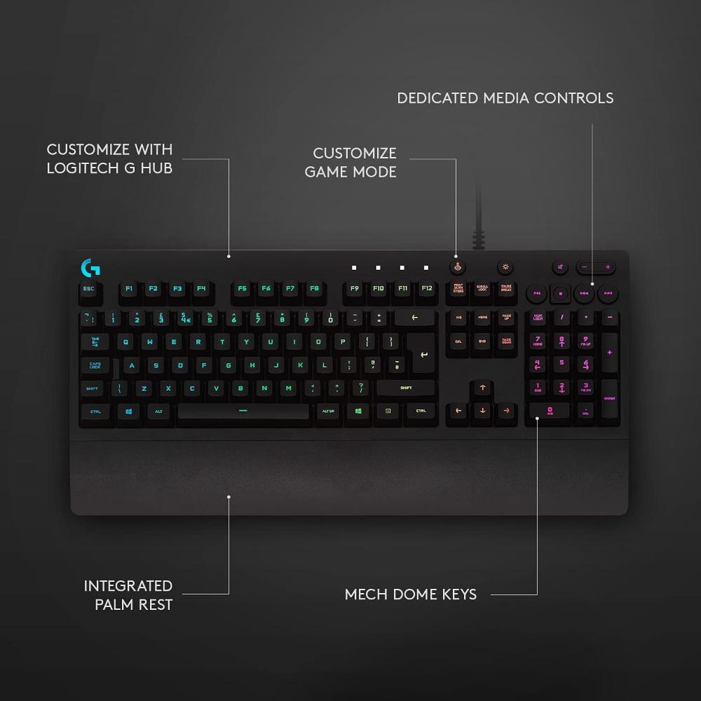 Logitech G213 Prodigy RGB Gaming Keyboard | Mech-Dome Keys | LIGHTSYNC 5-Zone RGB | Spill-Resistant | Dedicated Media Controls | Integrated Palm Rest | USB 2.0