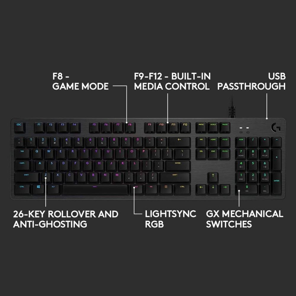 Logitech G512 Carbon LIGHTSYNC RGB Mechanical Gaming Keyboard | GX Mechanical Switches | 104 Keys | USB Passthrough | Aluminum Alloy | 1ms Report Rate