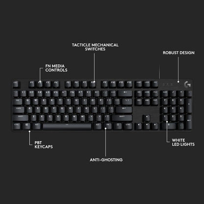 Logitech G413 SE Wired Gaming Keyboard | Tactile Mechanical Switches | PBT Keycaps | 6-Key Rollover Anti-Ghosting | White LED Backlighting | Full-Size Layout | USB