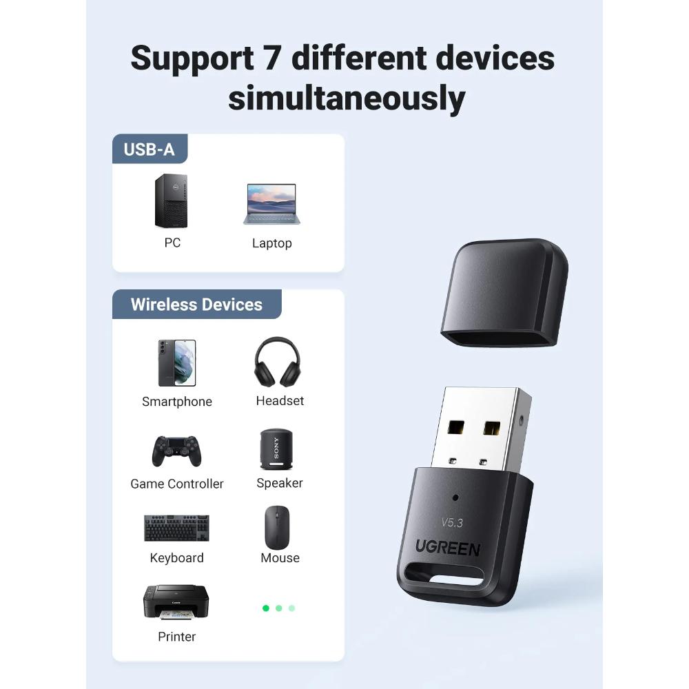 UGREEN 90225 | USB Bluetooth 5.3 Adapter | Wireless Dongle for PC | Low Latency | Plug & Play