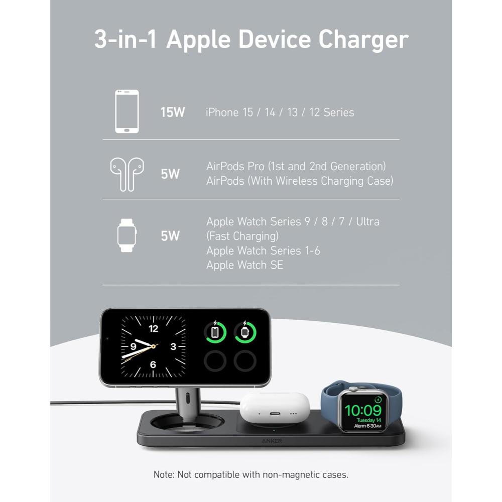 Anker MagGo Wireless Charging Station A25M1 | 3-in-1 Qi2 Magnetic Wireless Charger