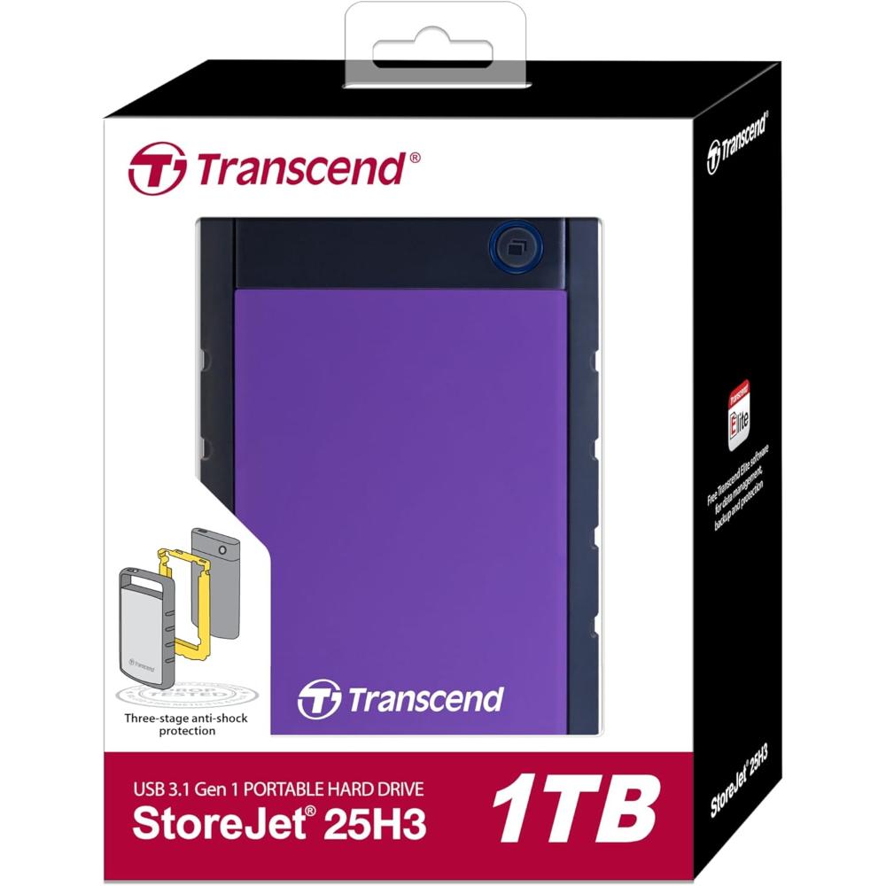 Transcend StoreJet 25H3 | Rugged Portable External Hard Drive | USB 3.1 Gen 1, Anti-Shock, One-Touch Backup (1TB / 2TB / 4TB)