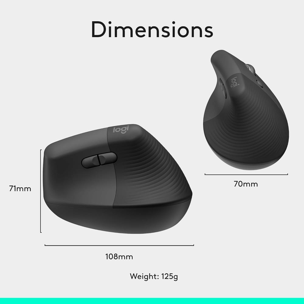 Logitech Lift Vertical Ergonomic Wireless Mouse | 57° Ergonomic Design | Bluetooth + Logi Bolt USB | 4000 DPI | SilentTouch | 24-Month Battery