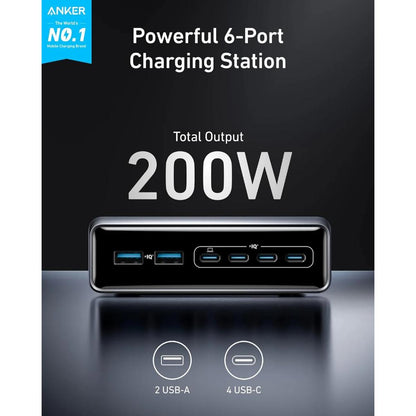 Anker Prime A2683 | 200W GaN Desktop Charger | 6-Port Charging Station | 4 × USB-C + 2 × USB-A | Ultra-Powerful Multi-Device Fast Charging | ActiveShield 2.0 | For MacBook, iPhone, Galaxy, iPad, USB-C Laptops & Accessories